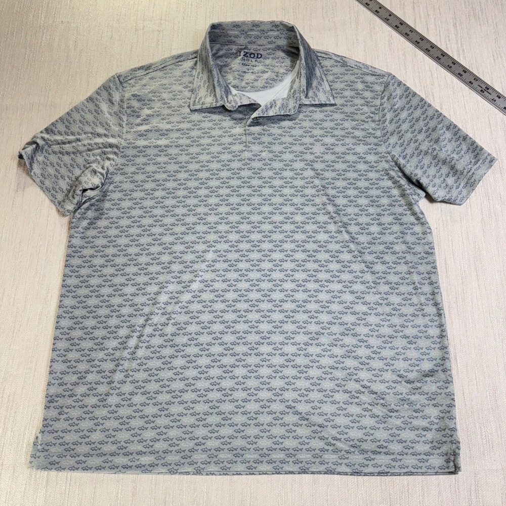 IZOD‎ Golf Mens Large Blue Shark Print Short Sleeve Polo Shirt Grey Stretch L